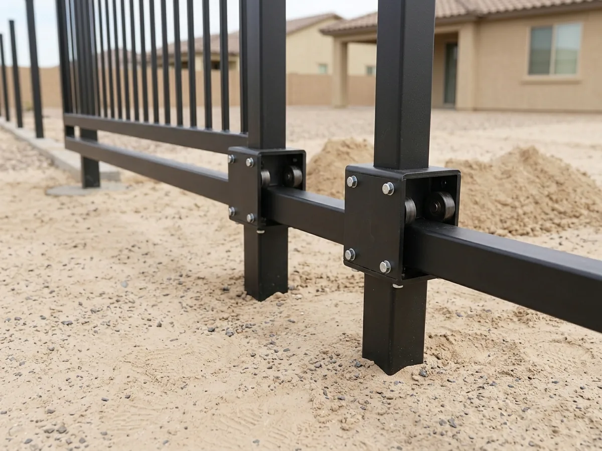 Slide gate rail running through two roller carriages bolted to short steel posts, bare sand below