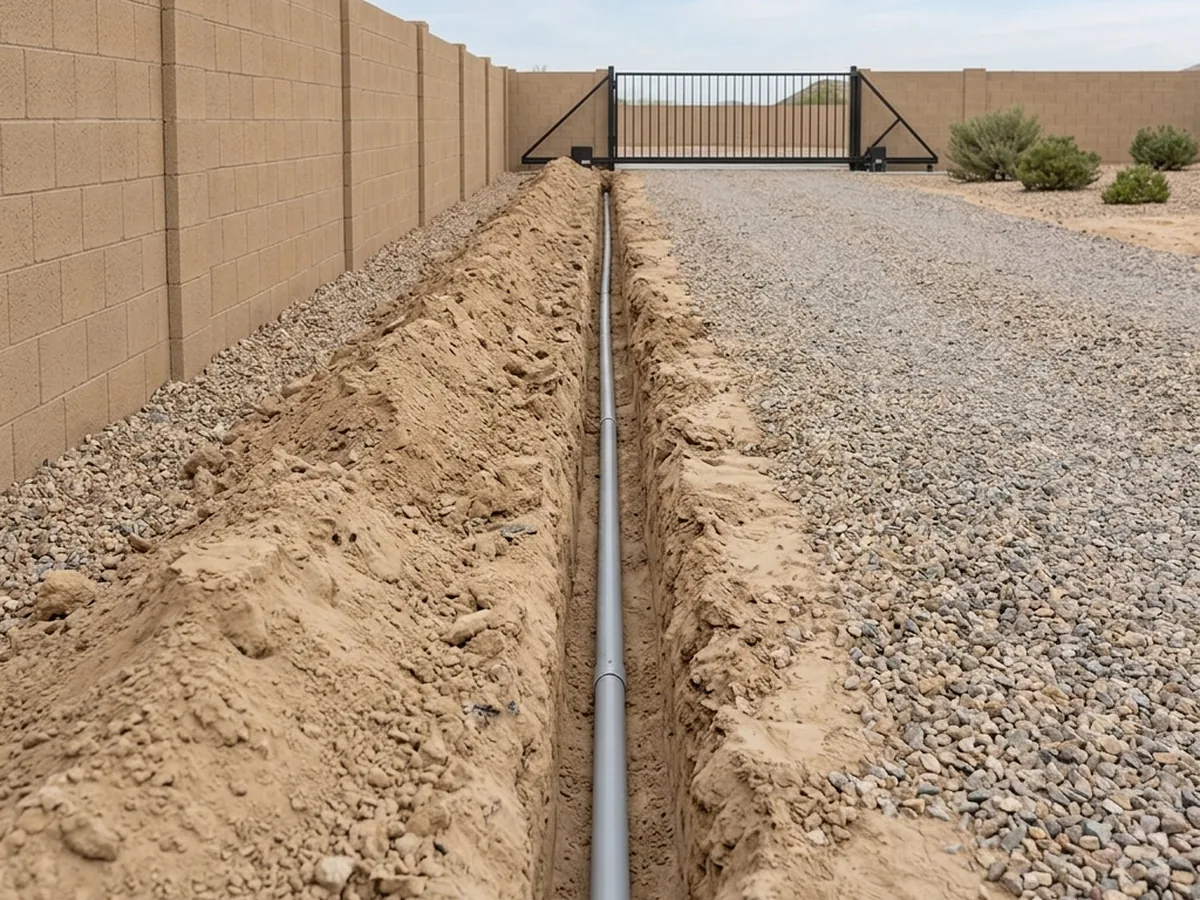 Open trench with gray conduit running along a gravel driveway toward a steel slide gate
