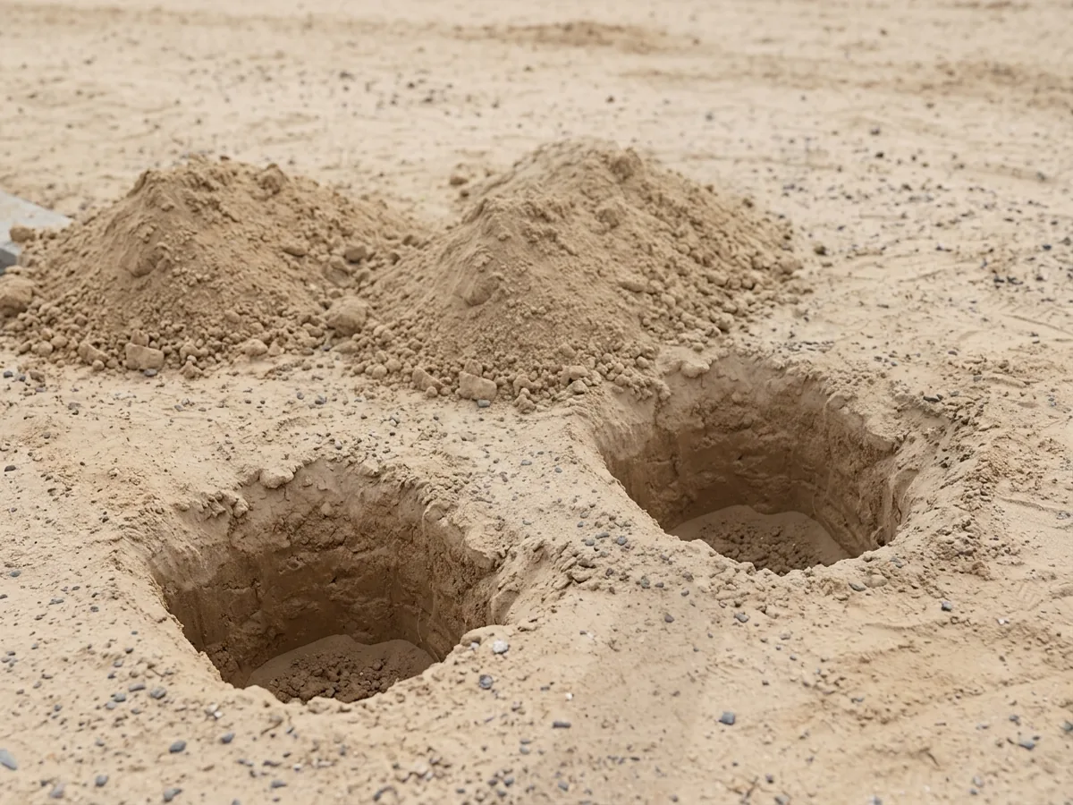Two freshly dug post holes in loose sandy soil beside mounds of dug sand