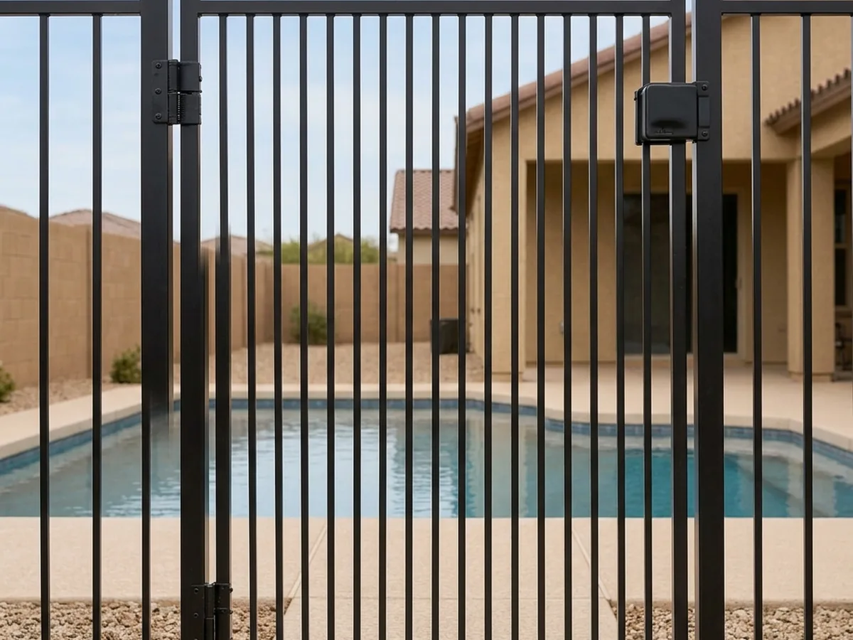 Closed black metal pool gate with spring hinges and a latch mounted high on the post, a swimming pool behind it