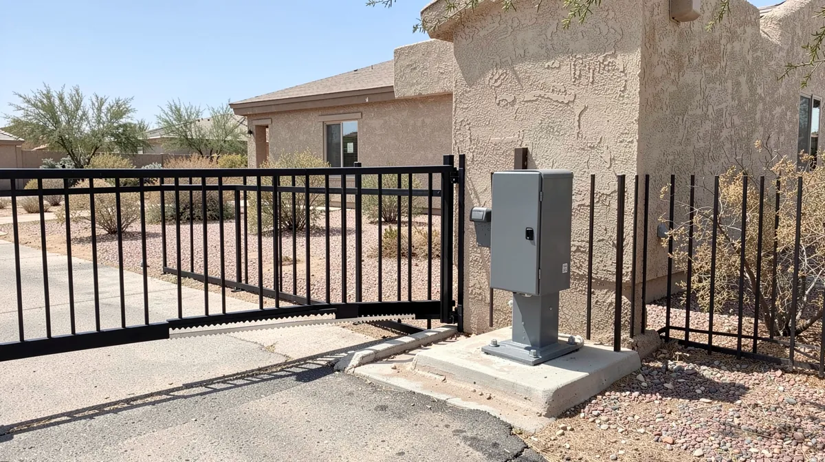 Slide gate operator box on a concrete pad driving a steel gate along a toothed rack